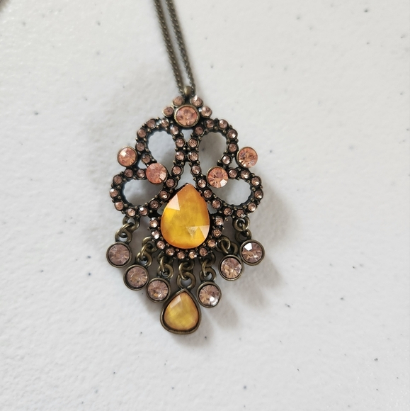 Vintage 90s Brass Tone Ornate Costume Jewelry Pendant Long Necklace Goth Grunge - Picture 2 of 7